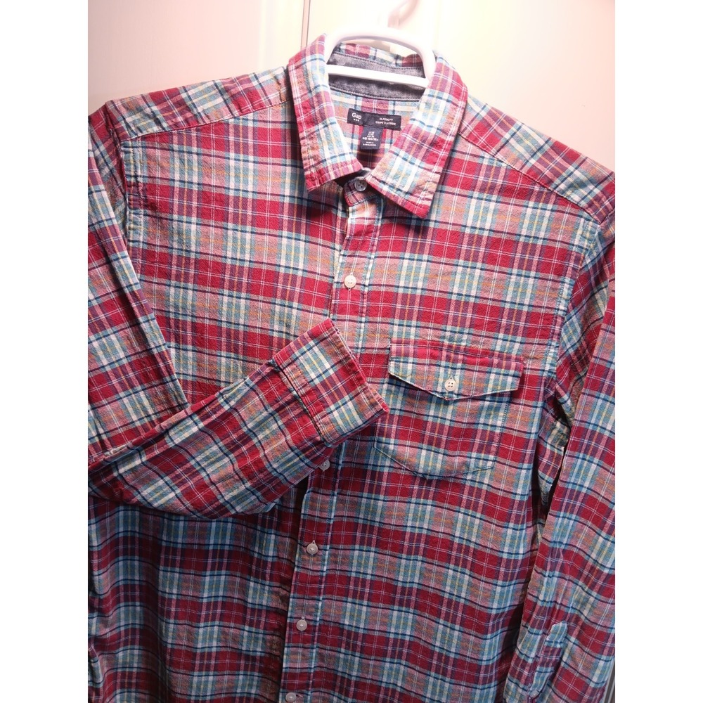 Gap Mens Long Sleeve Plaid Shirt Red Blue Cotton Classic Fit Size Medium Pocket